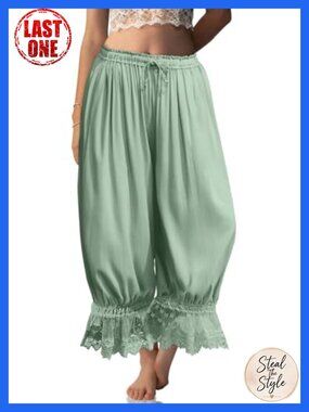 Womens Linen Lace Trim Long Bloomers Pants with Pocket